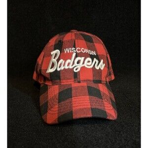 Wisconsin Badgers Embroidered Red-Black Plaid Strap Back Adjustable Hat/Cap